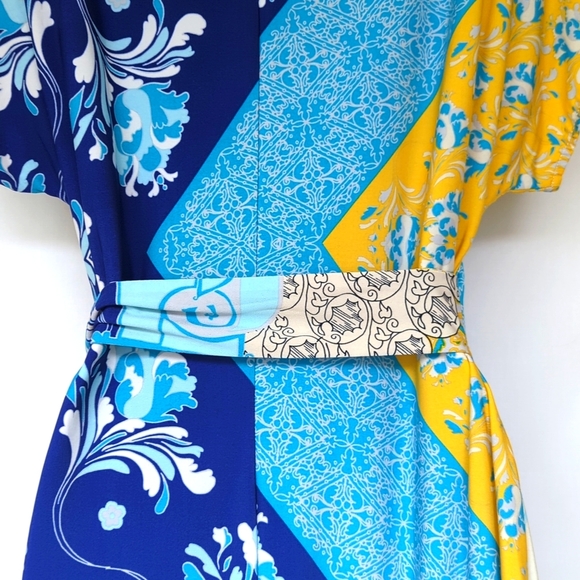 DONNA MORGAN for A PEA IN THE POD | Faux Wrap Yellow & Blue Maternity Dress - Picture 7 of 11